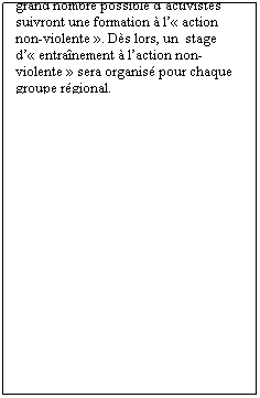 Text Box: COMMENT PARTICIPER  LACTION BOMBE-SPOTTING DU 5 OCTOBRE ?
Contactez un groupe rgional. Tous les renseignements sur les groupes rgionaux sont disponibles sur le site www.vredesactie.be. Vous pouvez galement appeler le 03/281.68.39 ou crire  Bomspotting asbl, Patriottenstraat 27, 2600 Berchem. Les groupes rgionaux organisent des bus, mais assurent galement une prparation. Parce que le nombre de participants aux actions est en constante augmentation et que le caractre non-violent est fondamental pour la russite de la campagne, le plus grand nombre possible dactivistes suivront une formation  l action non-violente . Ds lors, un  stage d entranement  laction non-violente  sera organis pour chaque groupe rgional.
